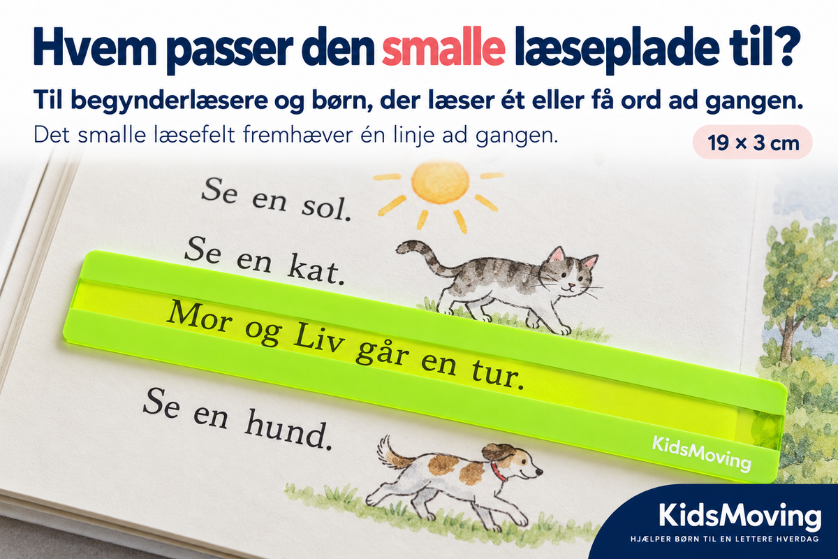 Pakke med 5 smalle originale læseplader i holder + Plus læseguide