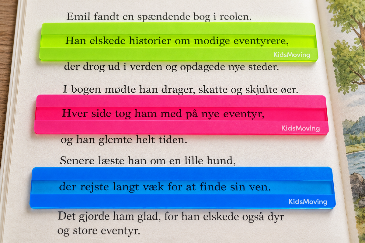 Pakke med 5 smalle originale læseplader i holder + Plus læseguide