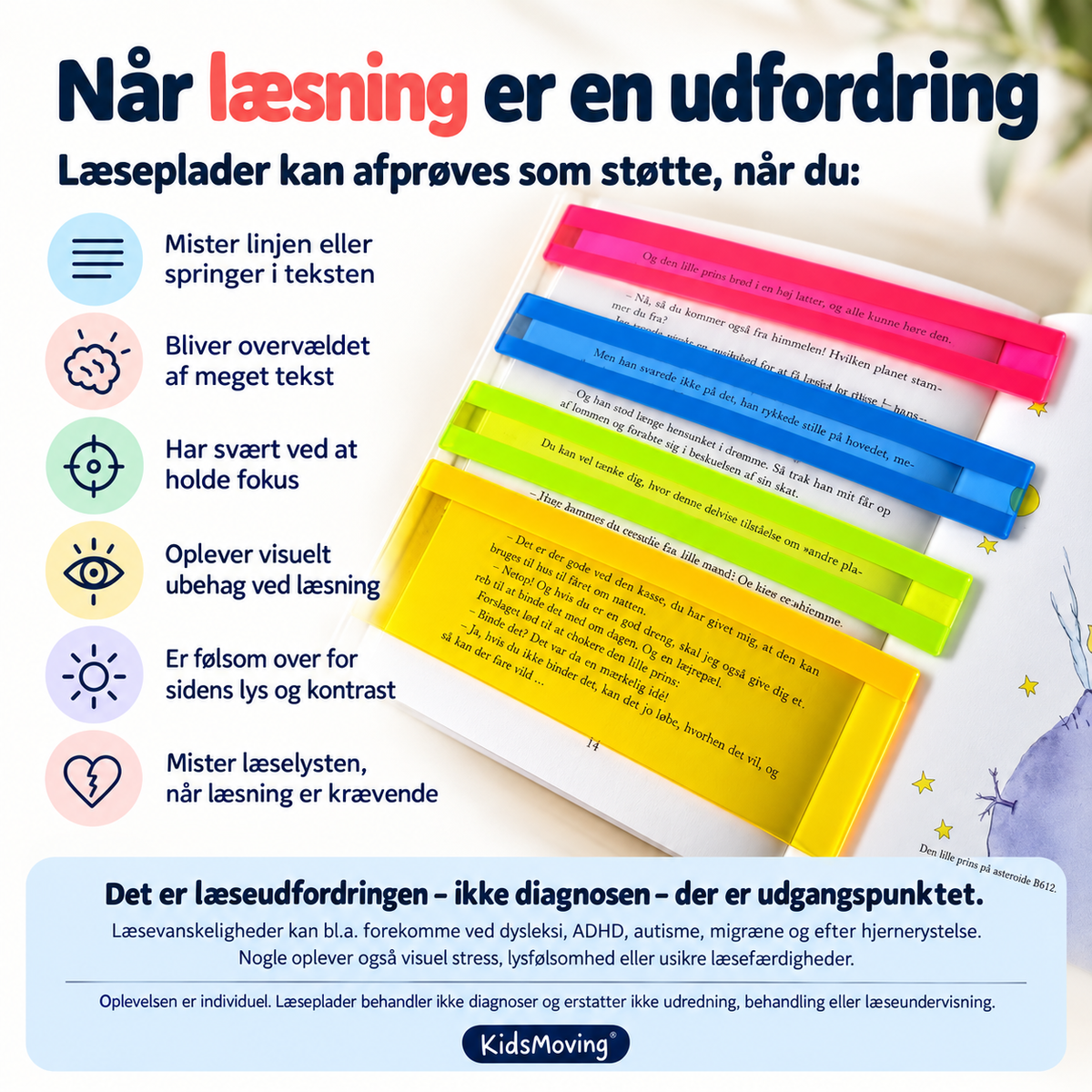 Pakke med 5 smalle originale læseplader i holder + Plus læseguide